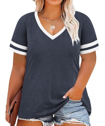 Womens Plus-Size V Neck T Shirts Summer Tops Rolled Short Sleeve Tunics B06_navy Blue $17.66 Tops