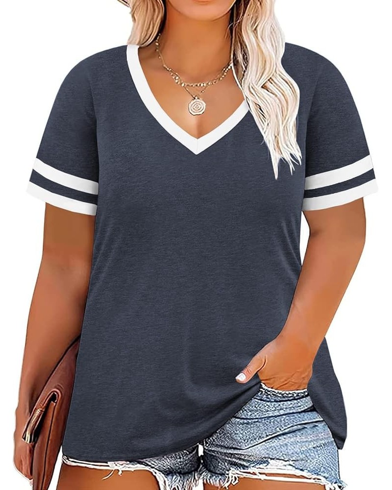 Womens Plus-Size V Neck T Shirts Summer Tops Rolled Short Sleeve Tunics B06_navy Blue $17.66 Tops