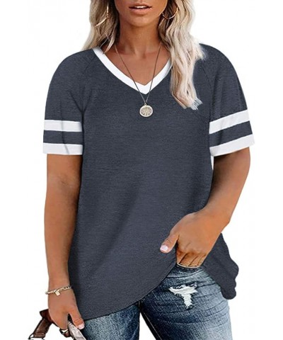 Womens Plus-Size V Neck T Shirts Summer Tops Rolled Short Sleeve Tunics B06_navy Blue $17.66 Tops