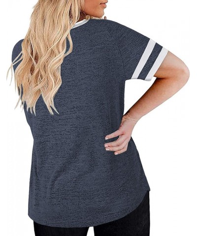 Womens Plus-Size V Neck T Shirts Summer Tops Rolled Short Sleeve Tunics B06_navy Blue $17.66 Tops