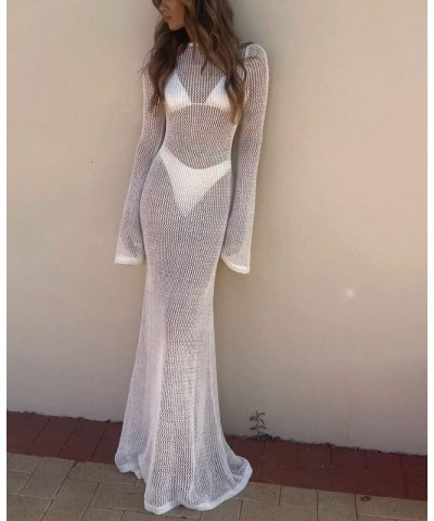 Crochet Knit Hollow Out Maxi Dress Elegant See Through Beach Dress High Waist Sleeveless Swimwear Cover Up Dress White 6 $12....