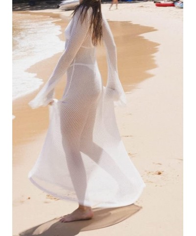 Crochet Knit Hollow Out Maxi Dress Elegant See Through Beach Dress High Waist Sleeveless Swimwear Cover Up Dress White 6 $12....