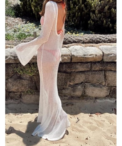 Crochet Knit Hollow Out Maxi Dress Elegant See Through Beach Dress High Waist Sleeveless Swimwear Cover Up Dress White 6 $12....