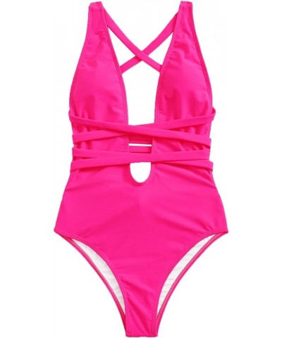 Women's Sexy Basic Criss Cross Tie Knot Front Deep V Open Back One Piece Swimwear Zhot Pink $20.34 Swimsuits