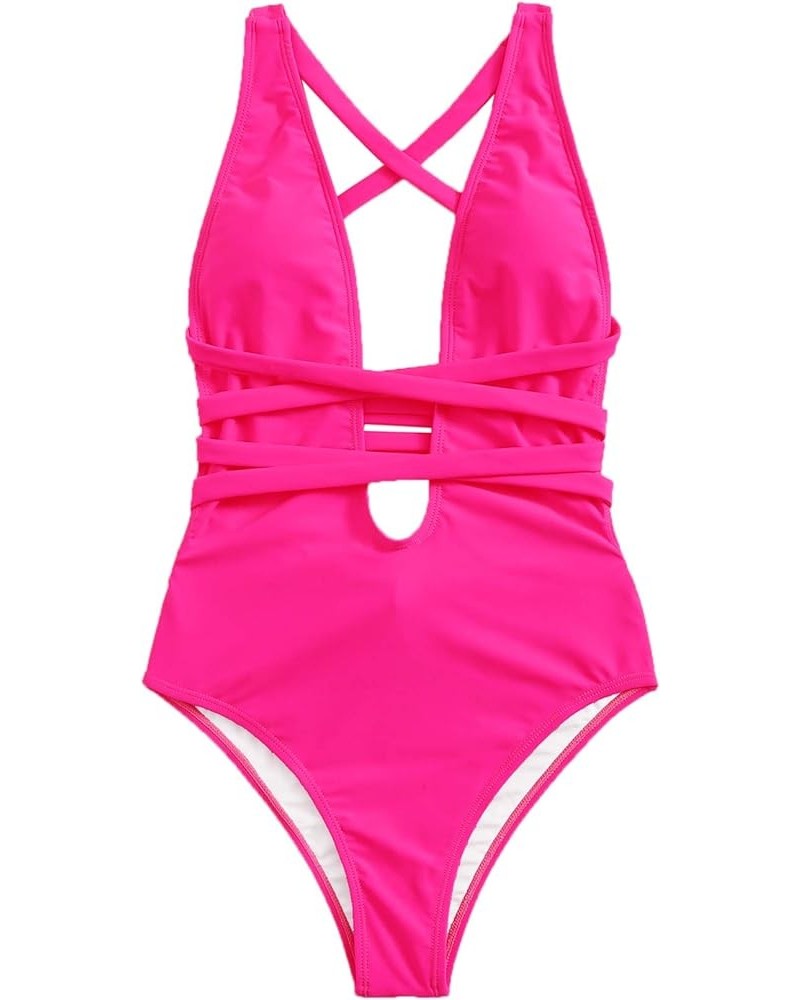 Women's Sexy Basic Criss Cross Tie Knot Front Deep V Open Back One Piece Swimwear Zhot Pink $20.34 Swimsuits