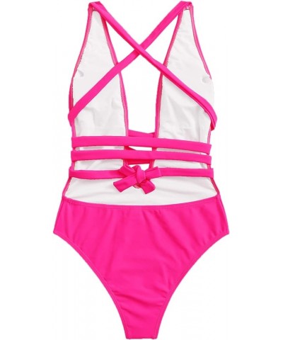 Women's Sexy Basic Criss Cross Tie Knot Front Deep V Open Back One Piece Swimwear Zhot Pink $20.34 Swimsuits