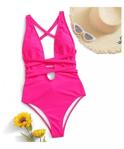 Women's Sexy Basic Criss Cross Tie Knot Front Deep V Open Back One Piece Swimwear Zhot Pink $20.34 Swimsuits