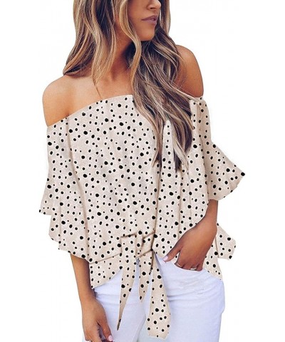 Women's Striped Off The Shoulder Tops 3/4 Bell Sleeve Tie Knot Casual Blouse Shirts Z02-polka-dot-beige $15.89 Blouses