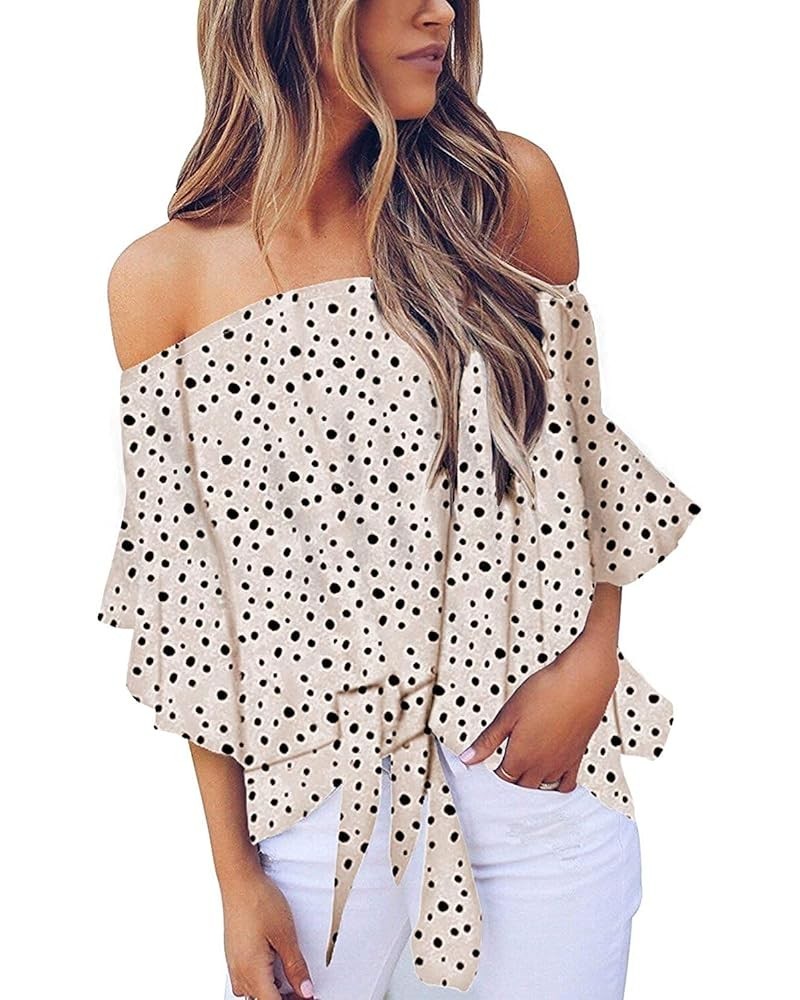 Women's Striped Off The Shoulder Tops 3/4 Bell Sleeve Tie Knot Casual Blouse Shirts Z02-polka-dot-beige $15.89 Blouses