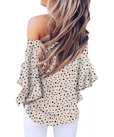 Women's Striped Off The Shoulder Tops 3/4 Bell Sleeve Tie Knot Casual Blouse Shirts Z02-polka-dot-beige $15.89 Blouses