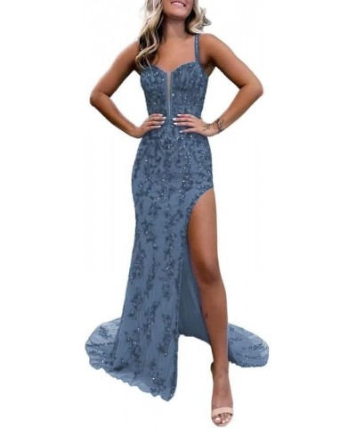 Sparkly Floral Long Prom Dresses with Slit Tulle Lace Applique Sweetheart Sheath Formal Evening Party Gowns WE412 Dusty Blue ...