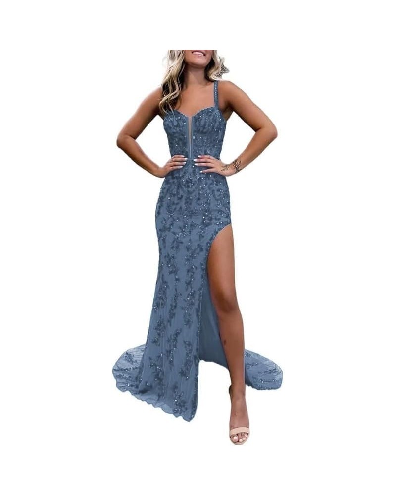 Sparkly Floral Long Prom Dresses with Slit Tulle Lace Applique Sweetheart Sheath Formal Evening Party Gowns WE412 Dusty Blue ...