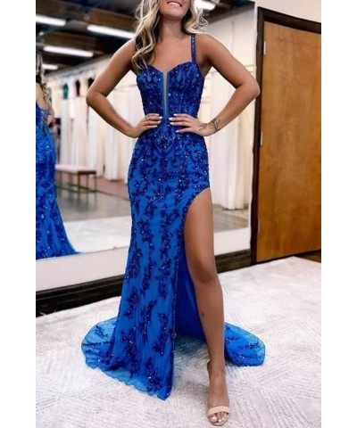 Sparkly Floral Long Prom Dresses with Slit Tulle Lace Applique Sweetheart Sheath Formal Evening Party Gowns WE412 Dusty Blue ...