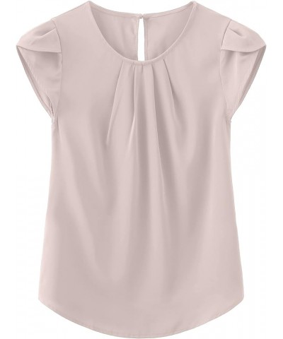 Women's Casual Round Neck Basic Pleated Top Cap Sleeve Curved Keyhole Back Chiffon Blouse A - Apricot $15.89 Blouses