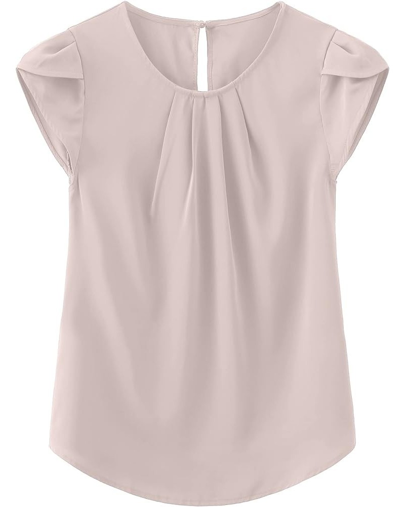 Women's Casual Round Neck Basic Pleated Top Cap Sleeve Curved Keyhole Back Chiffon Blouse A - Apricot $15.89 Blouses