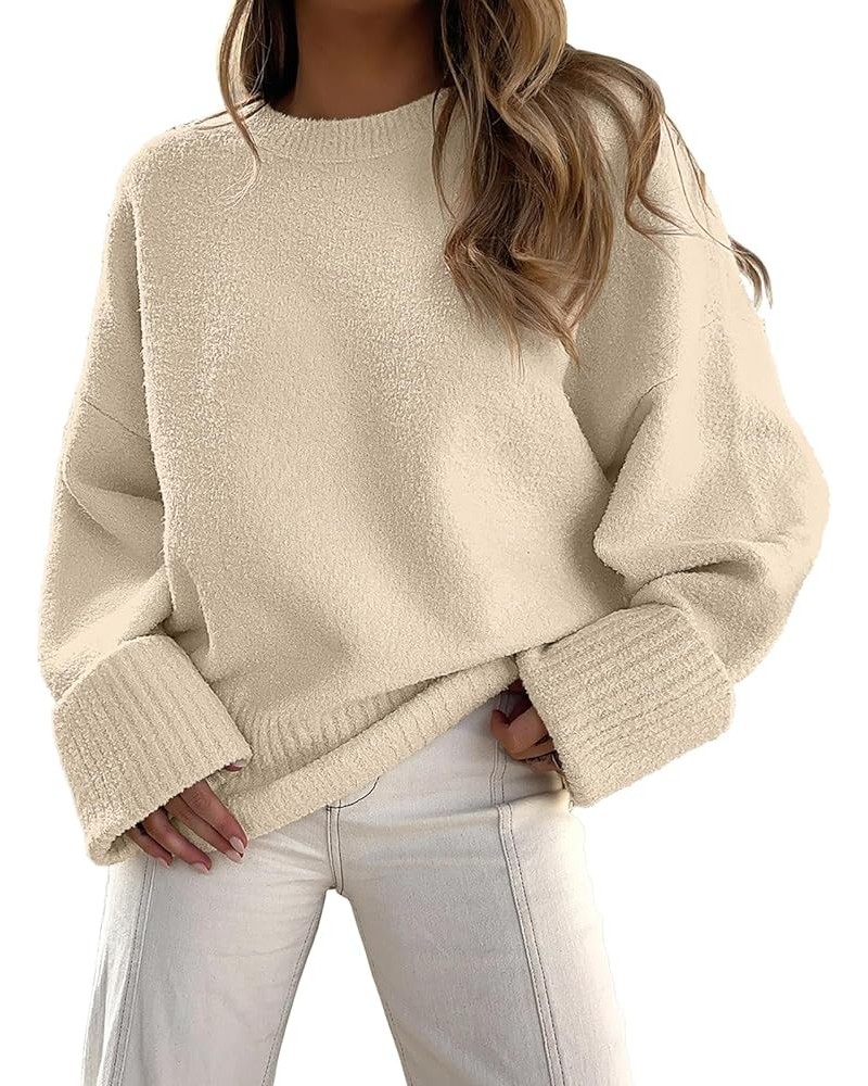 Women's Crewneck Long Sleeve Oversized Fuzzy Knit Chunky Warm Pullover Sweater Top Light Almond $22.00 Sweaters