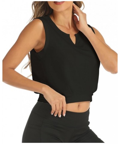 Crop Top Athletic Shirts for Women Cute Sleeveless Yoga Tops Running Gym Workout Shirts Notch Black $11.75 Activewear