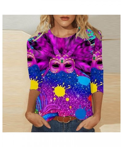 Mardi Gras Outfit for Women Carnival Going Out Tops Trendy 2024 Holiday Graphic Tees 3/4 Length Sleeve Tshirt Shirts 12 Purpl...