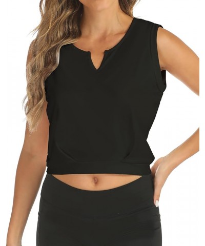 Crop Top Athletic Shirts for Women Cute Sleeveless Yoga Tops Running Gym Workout Shirts Notch Black $11.75 Activewear