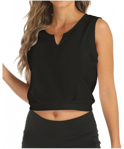 Crop Top Athletic Shirts for Women Cute Sleeveless Yoga Tops Running Gym Workout Shirts Notch Black $11.75 Activewear