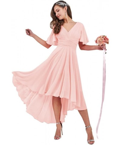 High Low Bridesmaid Dresses with Sleeves for Women A Line Chiffon Formal Evening Dress Blush Pink $26.00 Dresses