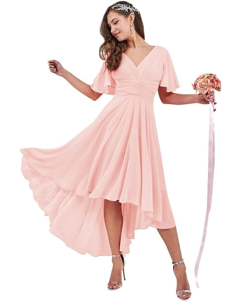 High Low Bridesmaid Dresses with Sleeves for Women A Line Chiffon Formal Evening Dress Blush Pink $26.00 Dresses