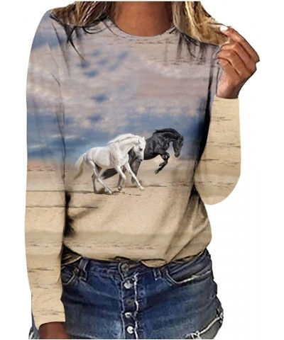 Horses T Shirt Women Funny Graphic Tees Long Sleeve Crew Neck Shirts Casual Loose Fit Blouses Horse Lover T-Shirt Gift 02ligh...