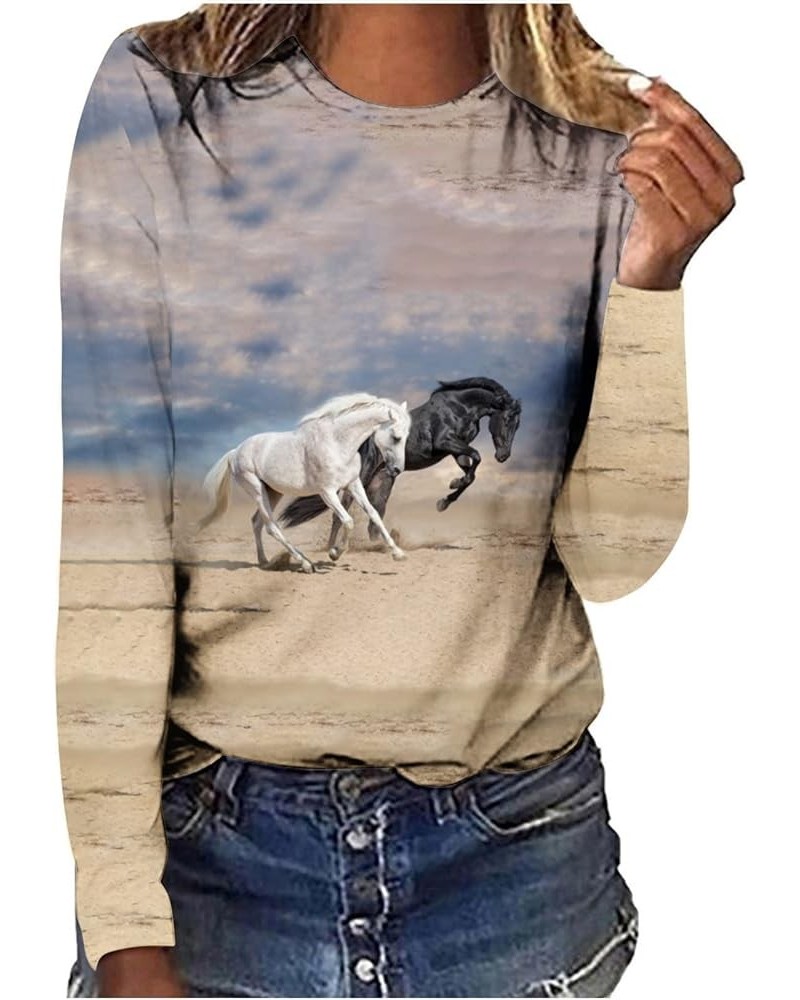 Horses T Shirt Women Funny Graphic Tees Long Sleeve Crew Neck Shirts Casual Loose Fit Blouses Horse Lover T-Shirt Gift 02ligh...