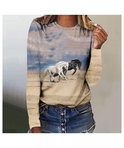 Horses T Shirt Women Funny Graphic Tees Long Sleeve Crew Neck Shirts Casual Loose Fit Blouses Horse Lover T-Shirt Gift 02ligh...