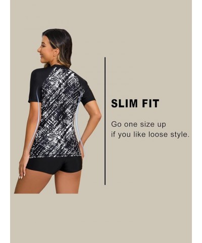 Women Two Piece Rash Guard Set UPF 50 Short Sleeve Swim Shirt with Board Shorts Black Printed Top + Solid Bottom $19.11 Swims...