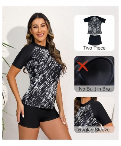 Women Two Piece Rash Guard Set UPF 50 Short Sleeve Swim Shirt with Board Shorts Black Printed Top + Solid Bottom $19.11 Swims...