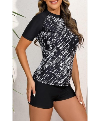 Women Two Piece Rash Guard Set UPF 50 Short Sleeve Swim Shirt with Board Shorts Black Printed Top + Solid Bottom $19.11 Swims...