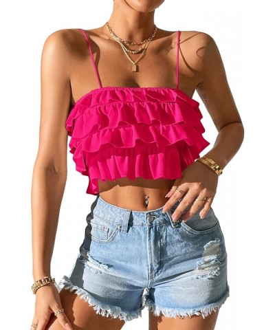 Women's Sleeveless Backless Ruffle Trim Tiered Layer Petite Cami Crop Top Hot Pink $11.25 Tanks