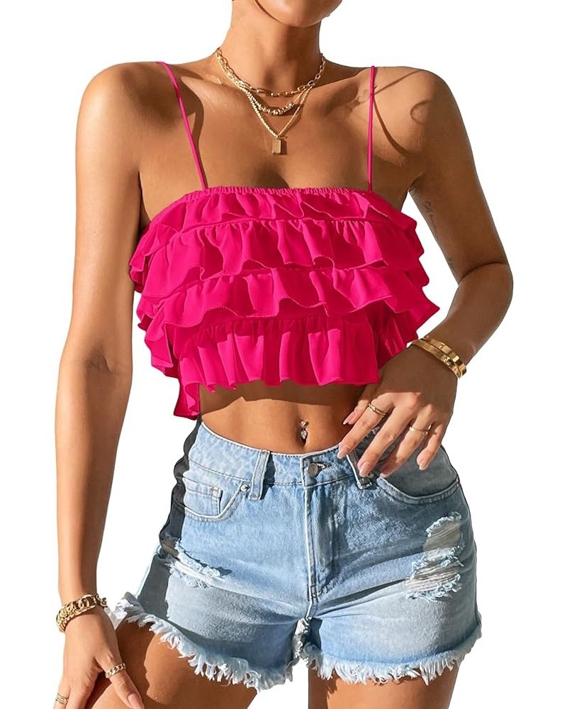 Women's Sleeveless Backless Ruffle Trim Tiered Layer Petite Cami Crop Top Hot Pink $11.25 Tanks