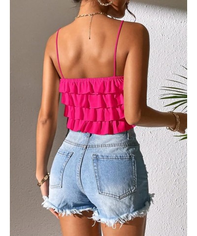 Women's Sleeveless Backless Ruffle Trim Tiered Layer Petite Cami Crop Top Hot Pink $11.25 Tanks