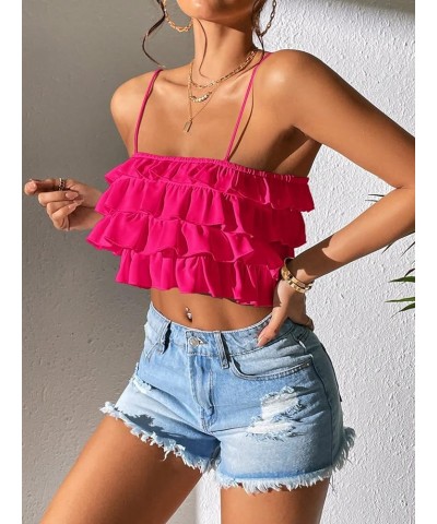 Women's Sleeveless Backless Ruffle Trim Tiered Layer Petite Cami Crop Top Hot Pink $11.25 Tanks