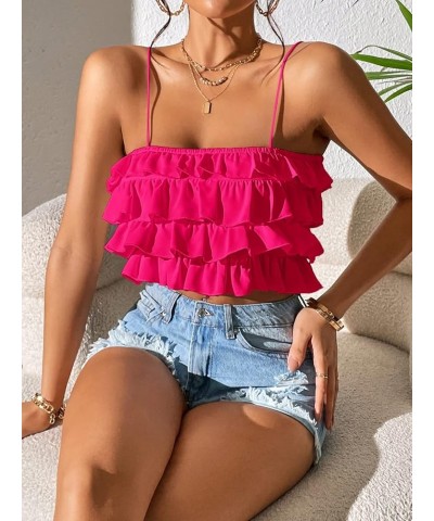 Women's Sleeveless Backless Ruffle Trim Tiered Layer Petite Cami Crop Top Hot Pink $11.25 Tanks