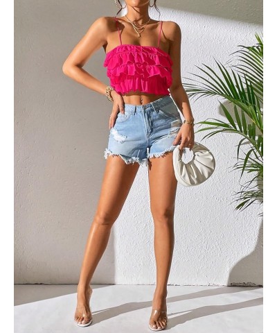 Women's Sleeveless Backless Ruffle Trim Tiered Layer Petite Cami Crop Top Hot Pink $11.25 Tanks