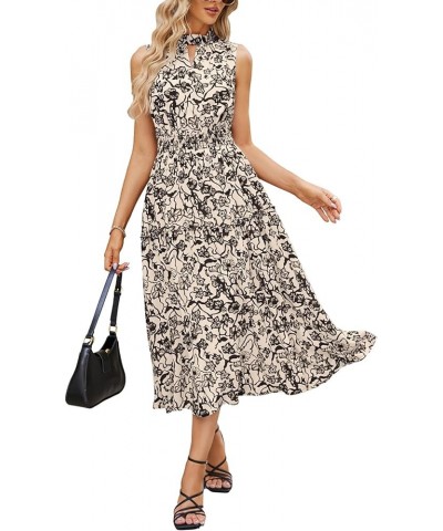 Women's 2024 Summer Floral Dress Sleeveless Flowy Ruffle Trim Tie Back Elastic Waist Midi A-line Dress Beige Black Floral $23...