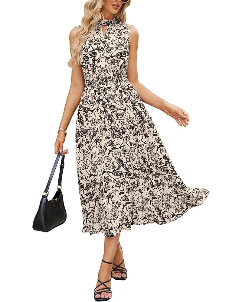 Women's 2024 Summer Floral Dress Sleeveless Flowy Ruffle Trim Tie Back Elastic Waist Midi A-line Dress Beige Black Floral $23...