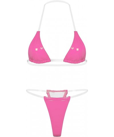 Women Transparent Strap Micro Bikini Sexy Brazilian PU Leather Push Up Clear Strap Thong Swimwear Hot Pink $7.38 Swimsuits