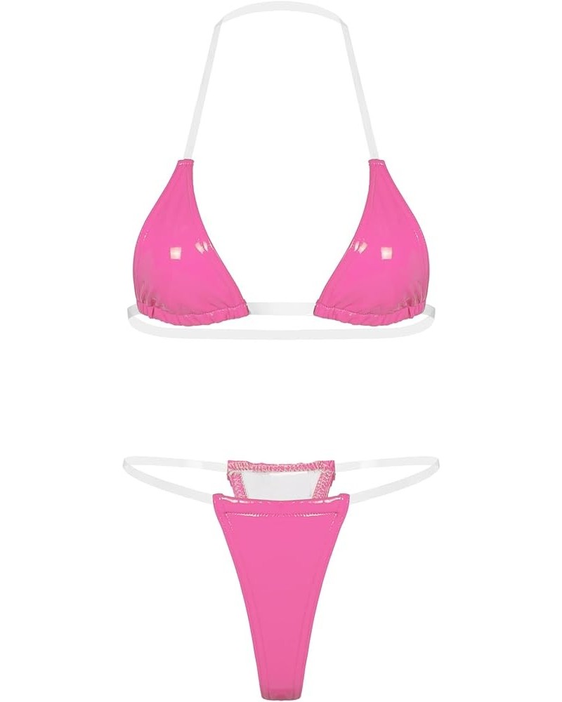 Women Transparent Strap Micro Bikini Sexy Brazilian PU Leather Push Up Clear Strap Thong Swimwear Hot Pink $7.38 Swimsuits