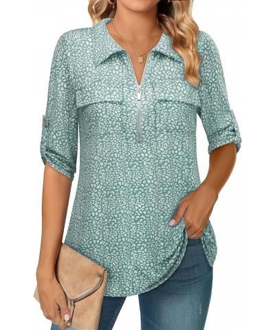 Women's 3/4 Sleeve Collared Blouses Business Casual Zip Front V Neck Loose Fit Tunic Tops Green Dots $17.67 Blouses