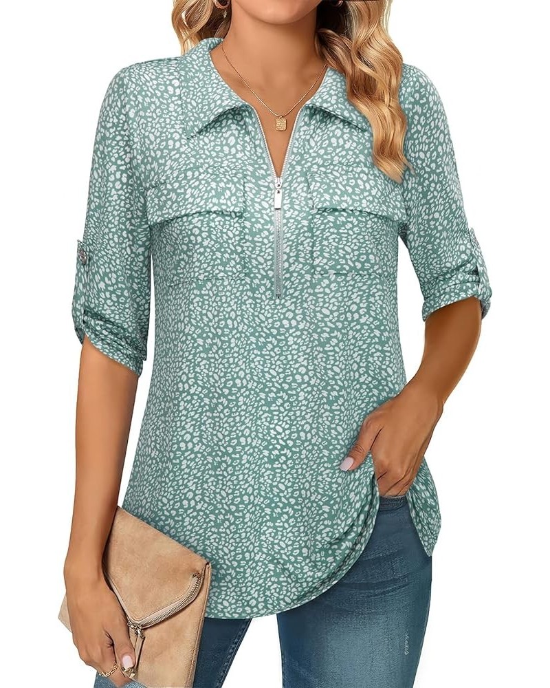 Women's 3/4 Sleeve Collared Blouses Business Casual Zip Front V Neck Loose Fit Tunic Tops Green Dots $17.67 Blouses