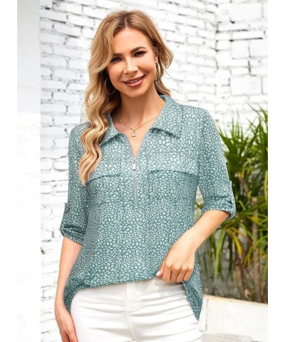 Women's 3/4 Sleeve Collared Blouses Business Casual Zip Front V Neck Loose Fit Tunic Tops Green Dots $17.67 Blouses