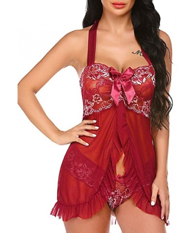 Lingerie for Women Womens Lace Lingeries Chemise V Neck Nightwear Sexy Mesh Sleepwear Boudoir Outfits Teddy Lingerie Z4-red $...