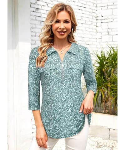 Women's 3/4 Sleeve Collared Blouses Business Casual Zip Front V Neck Loose Fit Tunic Tops Green Dots $17.67 Blouses