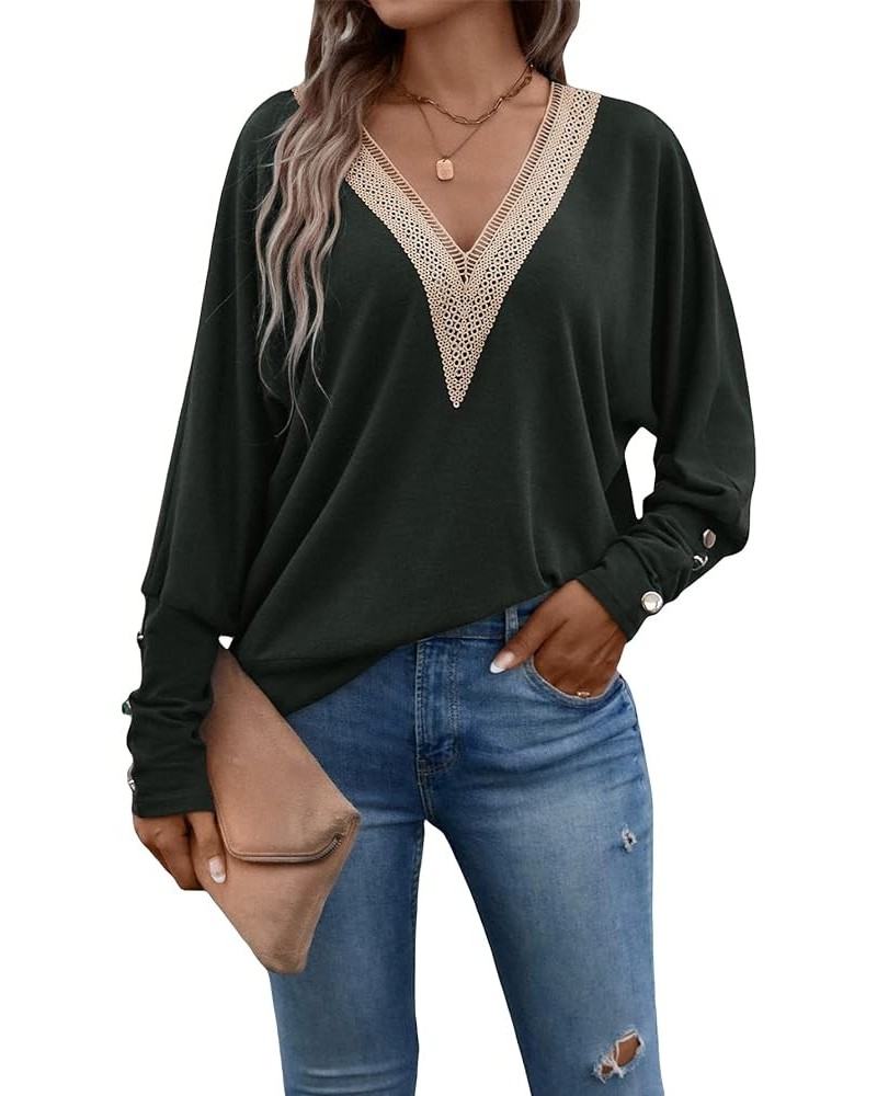 Women's Guipure Lace Panel V Neck Long Sleeve Sweatshirt Pullover Top Dark Grey $15.19 Hoodies & Sweatshirts