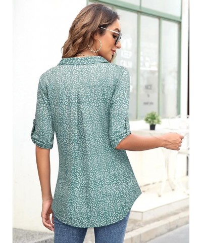 Women's 3/4 Sleeve Collared Blouses Business Casual Zip Front V Neck Loose Fit Tunic Tops Green Dots $17.67 Blouses