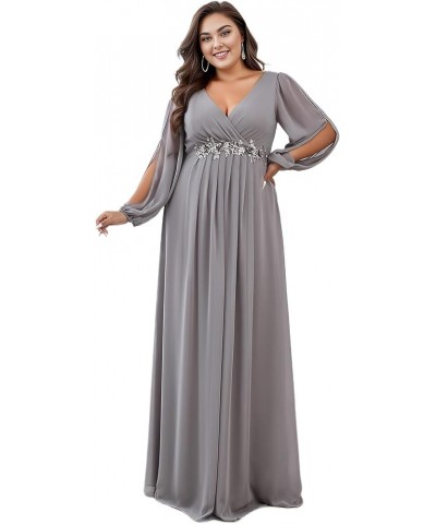 Women's Maxi V Neck Long Slit Sleeves Floral Applique Formal Evening Dress Plus Size 00461 Gray $35.26 Dresses